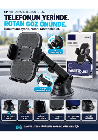 Dexxony Hp-a01 Vakum Kilitli Vantuzlu Araç İçi Telefon Tutucu 360 Döner Teleskopik Kollu Siyah Centilmen Siyah