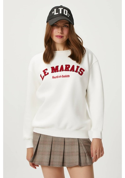 Kadın Marais Ekru Kırmızı Nakışlı Oversize Sweatshirt Ekru