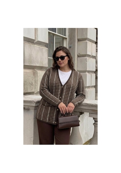 Onno Style Women Kazayağı Desen Renkli Klasik Triko Ceket Kahverengi