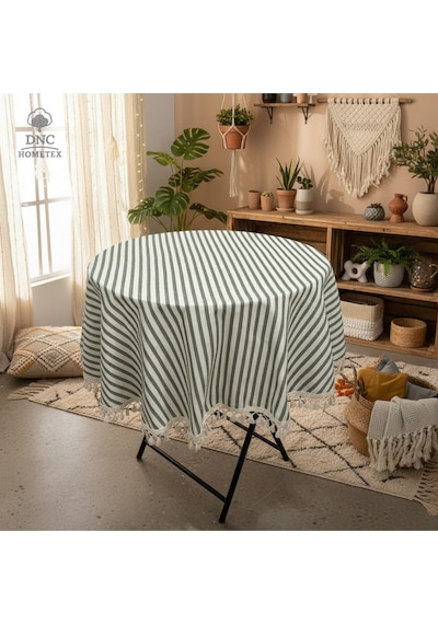Dnc Home Tekstil Keten Yeşil Çizgili Ham Ponponlu Yuvarlak Masa Örtüsü Yeşil