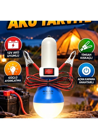 12v Timsah Kıskaçlı Led Kamp Lambası Anahtarlı Akü Bağlantılı Acil Aydınlatma