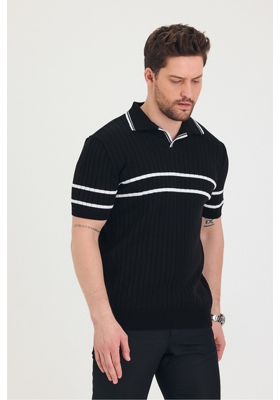 Cool Tarz Erkek Yaka Kol Göğüs Beyaz Çizgi Detaylı Siyah Triko T-shirt Siyah Siyah