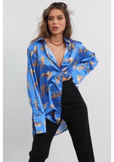 Madmext Mad Girls Leoparlı Mavi Saten Gömlek Mg187-mavi Mavi