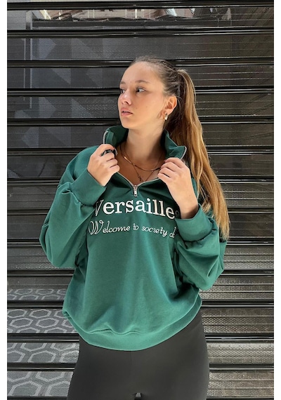 Madmext Yeşil Yarım Fermuarlı Baskılı Sweatshirt Mg2240 Yeşil