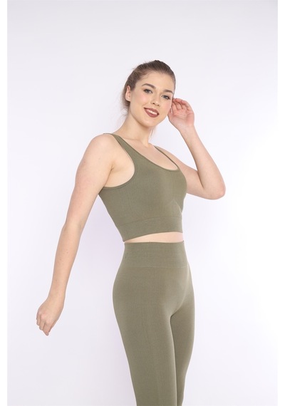 Escetic Kadın Spor, Haki Toparlayıcı, Yüksek Bel Fitnes Bra Tayt Takım-4326 - Xs Haki