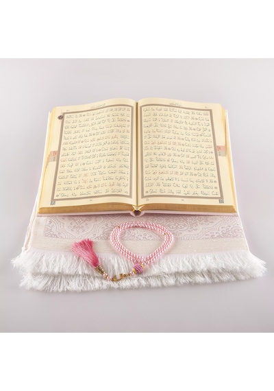 Kuran + Seccade + Tesbih Hediye Seti Orta Boy, Termo Deri, Desenli Kutu, Toz Pembe