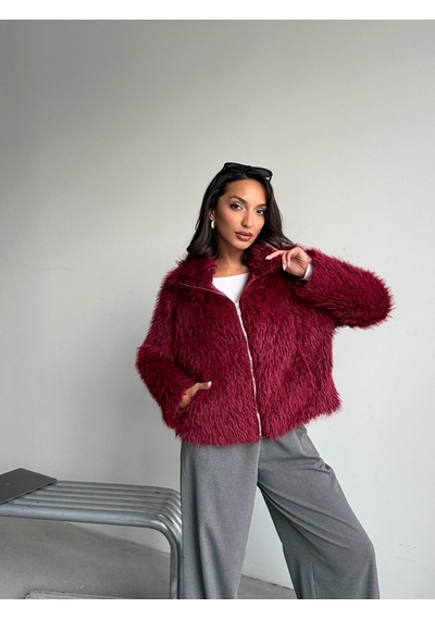 Verymoda Yapay Kürk Kadın Ceket Fermuarlı, Yumuşak Dokulu Modern Kışlık Mont F2037 Bordo