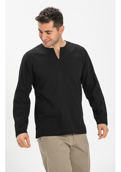Uzun Kol Şile Bezi Bisiklet Yaka Erkek Tshirt Siyah 3003
