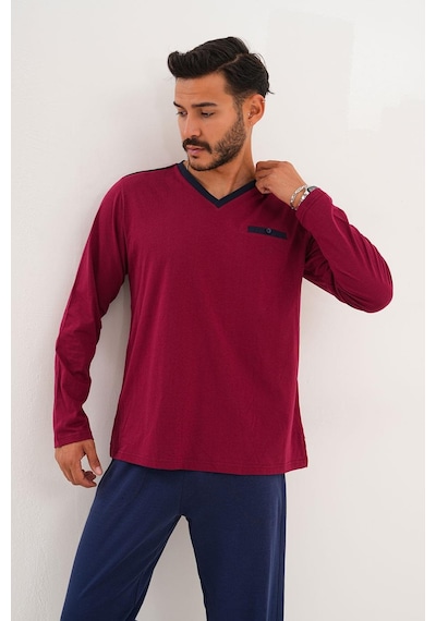 Çift Kaplan Erkek Düz V Yaka Bordo Pijama Takımı 8001 Bordo