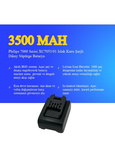 Philips 7000 Serisi Xc7053/01 Islak Kuru Şarjlı Dikey Süpürge 3500 Mah 25.2 V Batarya  Uyumlu Uzun Ömürlü, Maksimum Performans Pil
