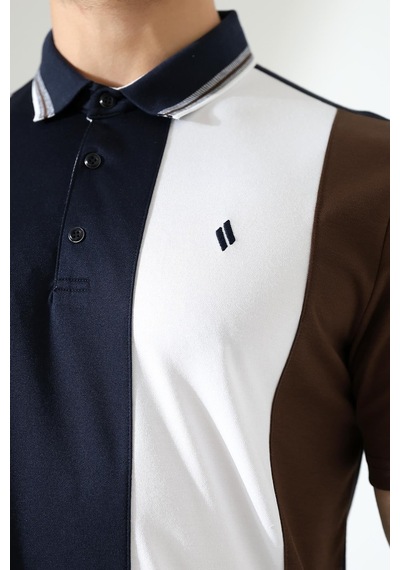 Rıbana Classıc Erkek Çizgili Şerit Detaylı Pamuklu Polo Yaka T-shirt Lacivert
