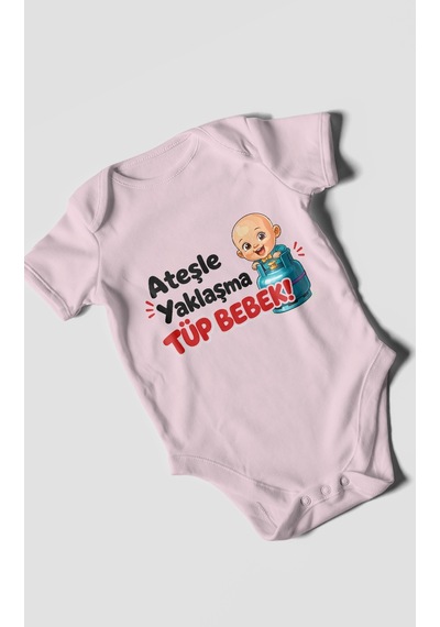 Morivokids Ateşle Yaklaşma Tüp Bebek Kısa Kollu Bebek Body %100 Pamuk Bebe Pembe