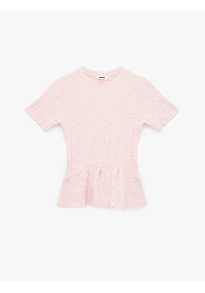 Koton Slim Fit Bisiklet Yaka Kısa Kollu Dokulu Peplum Bluz Pembe 6sak70020uk Gül