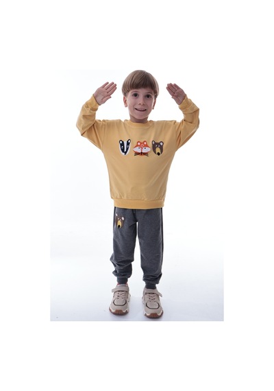 Erkek Çocuk Hayvan Figürlü Sarı Sweatshirt Ve Gri Eşofman Takımı Yumuşak Kumaş, Rahat Kalıp Takım Sarı