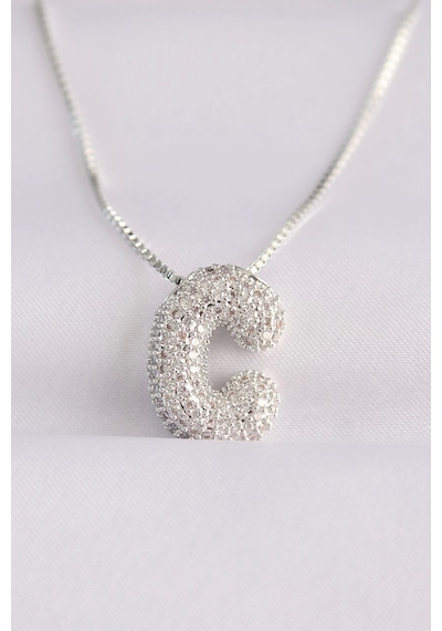 316l Çelik Zincirli Zirkon Taşlı C Harfli Silver Renk Bubble Kolye Çok Renkli