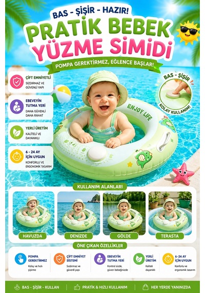 Bebek Yüzme Simidi Bas Şişir Pratik Pompa Gerektirmeyen Ebeveyn Tutma Yerli Çift Emniyetli Yeşil Sim