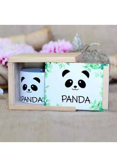 Ahşap Kutusunda Sevimli Panda Kupa Bardak Beyaz - Çok Renkli