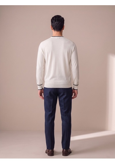 Maccali Erkek Beyaz Kontrast Şeritli Bisiklet Yaka Triko Sweatshirt
