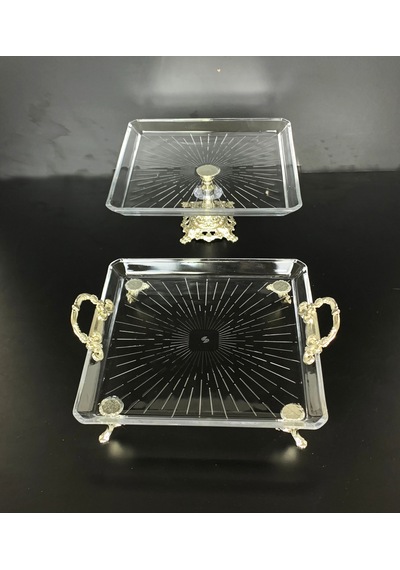 Elta Collection 2 Li Paşabahçe Kristal Gümüş Metal Ayaklı Yaldızlı Kare Pasta Sunumluk Kurabiyelik Gümüş