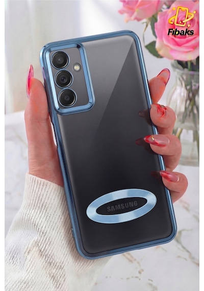 Fibaks Galaxy A34 5G Uyumlu Kılıf Kamera Lens Korumalı Şeffaf Renkli Logo Gösteren Parlak Kapak Mavi