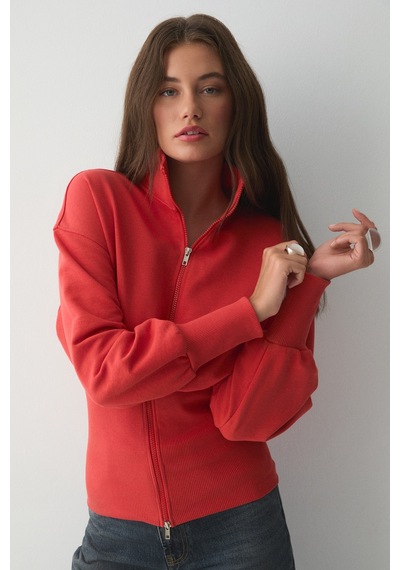 ETHIQUET VIVA DI Kadın Organik Pamuklu Beli Korseli Fermuarlı Kırmızı Sweatshirt