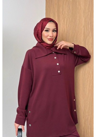 Mihran Butik Soho Elegance Yaka Detaylı Kadın Tesettür Alt Üst Takım Bordo