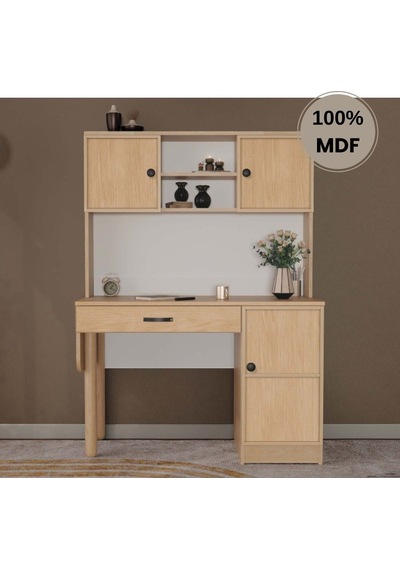 Meşe Mdf Kitaplıklı Dolaplı Çalışma Masası Bej