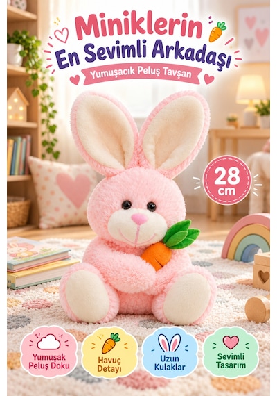 Pembe Tavşan Peluş Oyuncak 28 Cm Havuçlu Sevimli Yumuşak Oyuncak Çocuk Odası Dekoru Uyku Arkadaşı Set