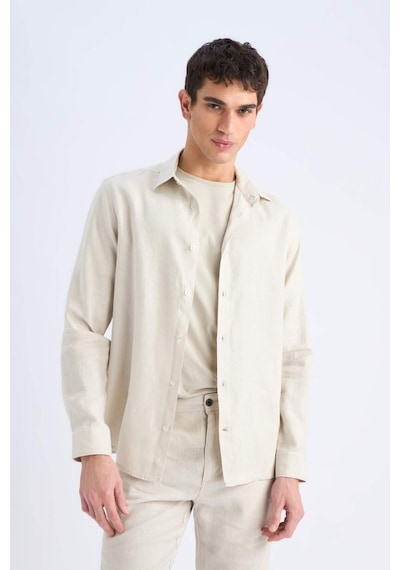 DeFacto %100 Keten Regular Fit Polo Yaka Yazlık Uzun Kollu Gömlek D9925AX25SPGR350