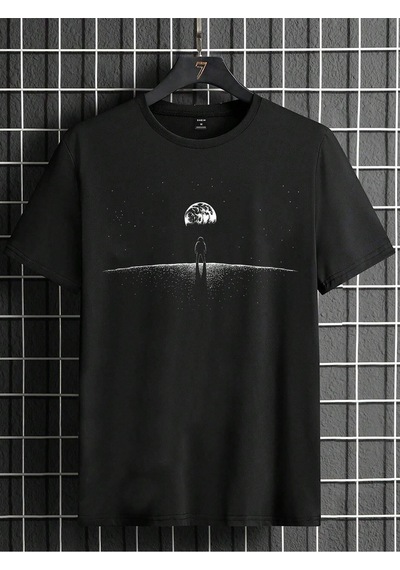 Aydaki Adam T-shirt - Siyah Baskılı Oversize Bisiklet Yaka Kısa Kol Tişört Siyah