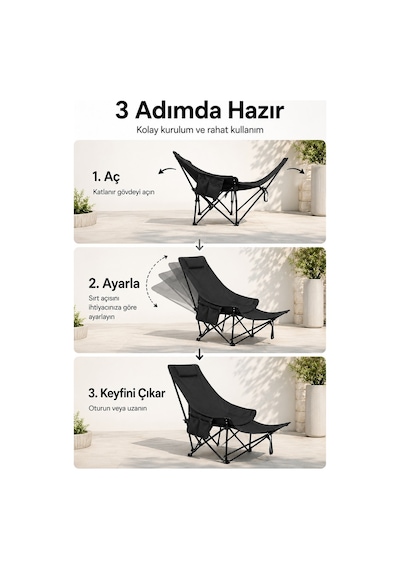 Katlanır Kamp Sandalyesi, Oturma Veya Uzanma Pozisyonunda Kullanılabilir, Çok Pozisyonlu Ayarlanabilir, Siyah.