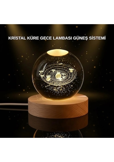 Hubrendy Tekno Led Işıklı Kristal Küre Ahşap Standlı Dekoratif Gezegen Model