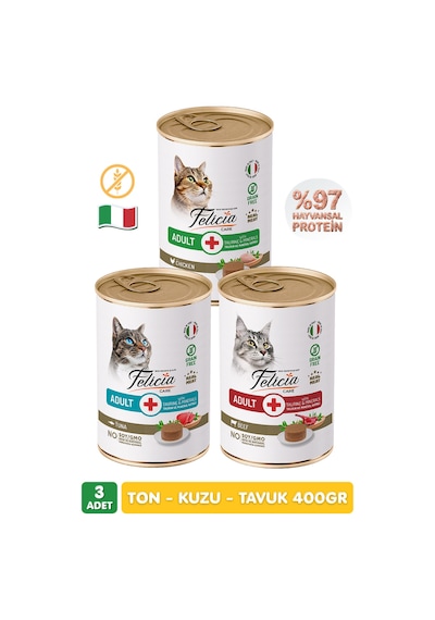 3 Lezzet %97 Proteinli Tahılsız Ton Balıklı - Kuzulu - Tavuklu Ezme Yetişkin Kedi Konserve Maması 400 Gr X 3 Adet