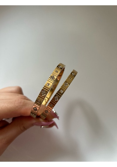 Gold Trend Taşlı İşlemeli Kelepçe Bileklik Altın - Gümüş