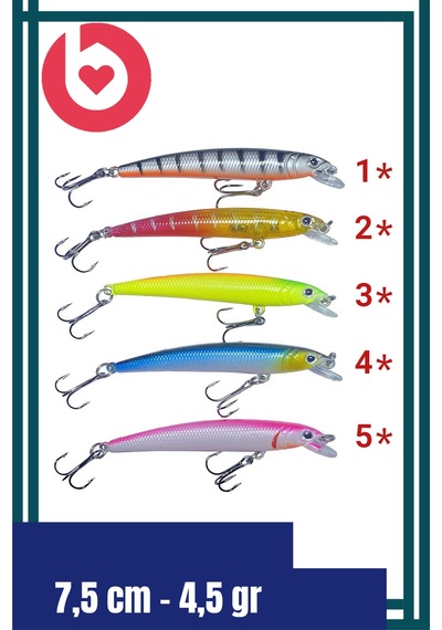 Bizimevde 7,5 Cm 4,5 Gr Rapala Balık Yemi Kurşun Arkası Olta Yem Seti Karbon Çelik İğne 5 Renk