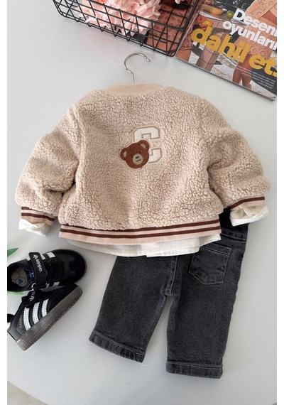 Minigimin Cicileri Bear Aplike Detaylı Peluş Hırkalı Erkek Bebek 3 Lü Takım - Bej