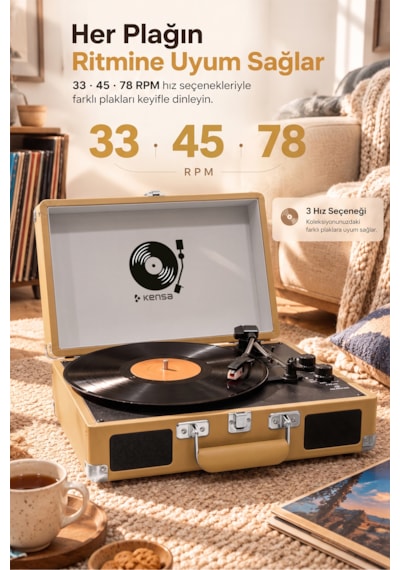 Kensa Bluetooth Lu Nostaljik Çantalı Pikap 33/45/78 Devir Dahili Bataryalı Plak Çalar Standart
