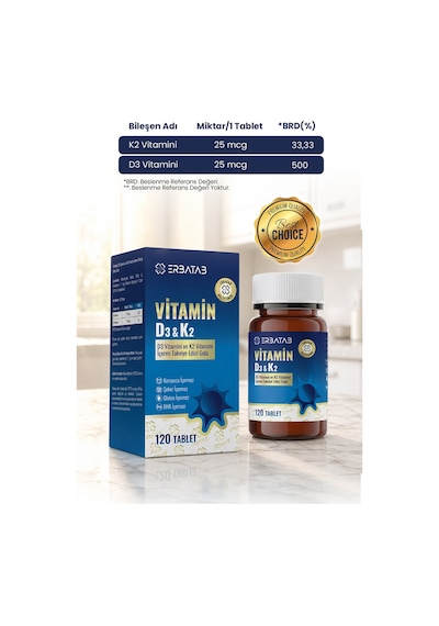 Erbatab D3 Vitamini Ve K2 Vitamini İçeren Takviye Edici Gıda 120 Tablet Erbatab D3 Vitamini Ve K2 Vitamini İçeren Takviye Edici Gıda 120 Tablet