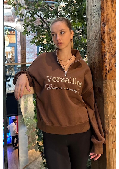 Madmext Kahverengi Yarım Fermuarlı Baskılı Sweatshirt Mg2240 Kahverengi