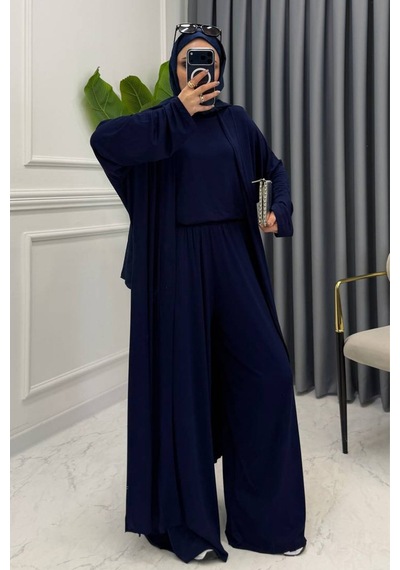 Balenbi Kadın Penye Uzun Hırka Bluz Geniş Paça Pantolon Abaya Takım 1217 Lacivert