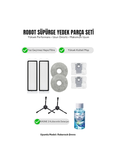 Roborock Qrevo İle Uyumlu 2 Siyah Yan Fırça 2 Filtre 2 Mop 1 Deterjan 2 Toz Torbası 5.0