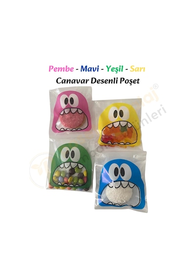 100 Adet 4 Renkli Canavar Desenli Cake Pop & Kurabiye Poşeti - 10x15 Cm