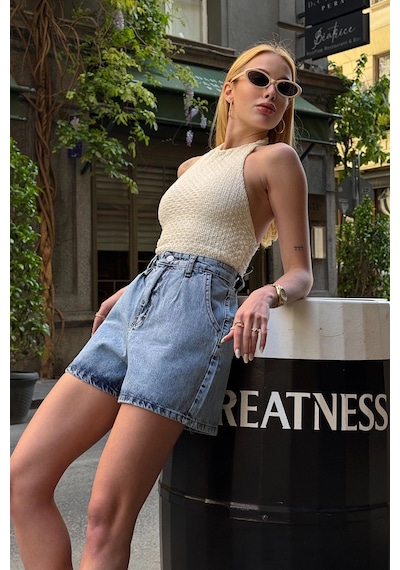 Buz Mavisi Çift Cepli Pileli Mini Denim Şort Çok Renkli