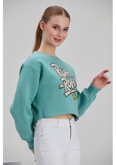 Meecy Kadın Su Yeşili Baskılı Sweatshirt Su Yeşili Su Yeşili
