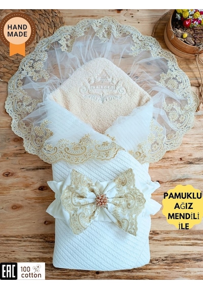 Mint Triko Örgü Bebek Kundağı - Pamuklu & Dantelli Yenidoğan Bebek Battaniyesi Ekru