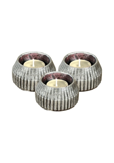 Mumluk Şamdan 3 Adet Tealight Uyumlu Çizgili Model - Gümüş Eskitme