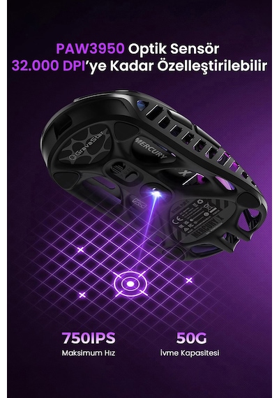 Gravastar Mercury X Rgb 32k Dpı Optik Gaming Mouse, Kablosuz, Magnezyum Alaşımlı, Programlanabilir 5 Mercury X