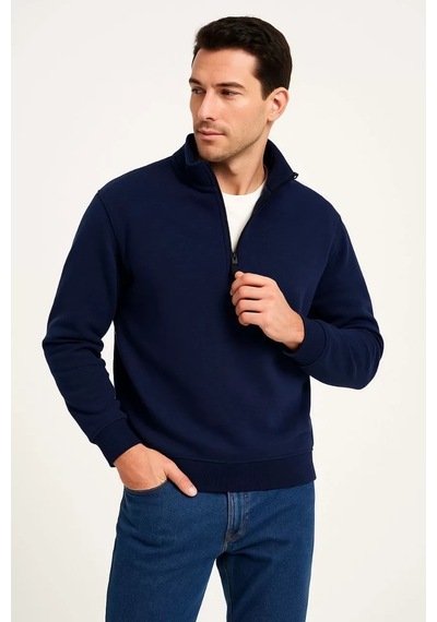 Cvs Giyim Erkek Dik Yaka Sweatshirt Dik Yaka Yarım Fermuarlı 3 İplik Şardonlu Pamuk Kumaş - Lacivert Lacivert
