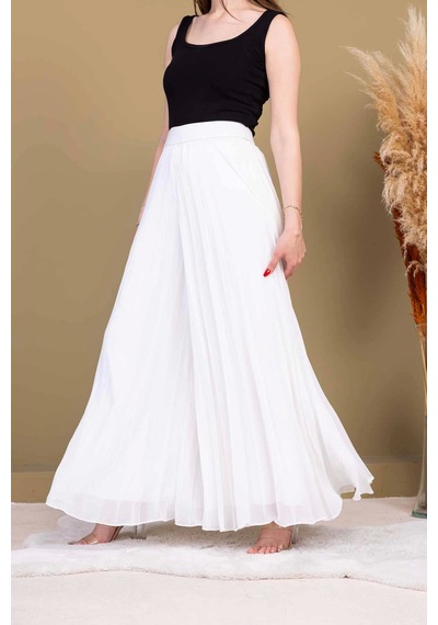 Lodmela Beli Lastikli Pliseli Şifon Pantolon 6030-beyaz Beyaz