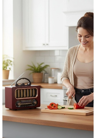 Biishe Orta Boy Retro Ahşap Tasarım Bluetooth Hoparlörlü Radyo Fm/am Destekli, Şarjlı Ve Taşınabi